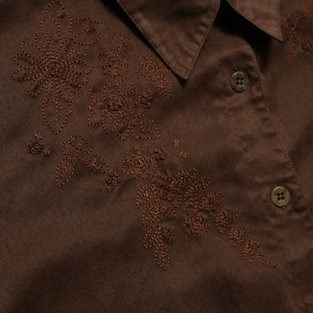 Alfred Dunner Shirt Womens 12P Brown Faux Suede Embroidered Petite Button Up